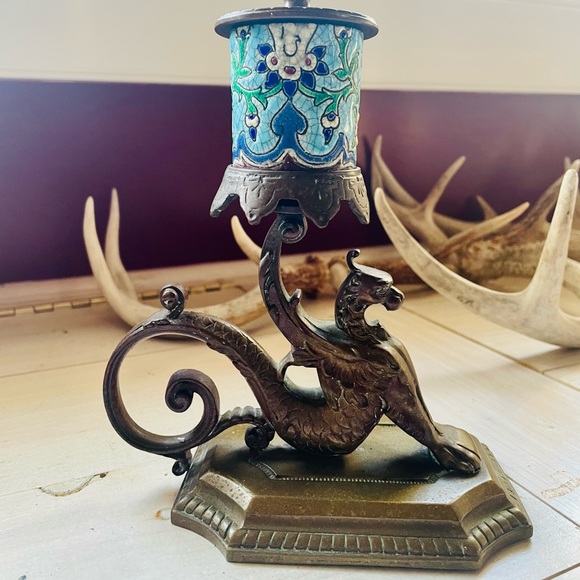 Antique French Longwy, Bronze Gargoyle Griffin Candlestick, Victorian, Gothic - Picture 12 of 12